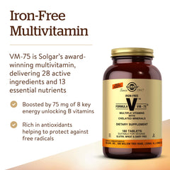 Solgar Iron-Free VM-75 nutrition label view highlights chelated minerals for gentle absorption.