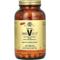 Solgar Iron-Free VM-75 bottle with vegan and kosher labeling emphasizes clean ingredients.