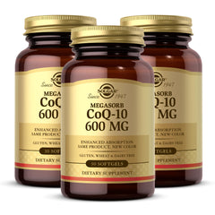 Solgar Megasorb CoQ-10 600 mg softgels bottle showing enhanced absorption and convenience