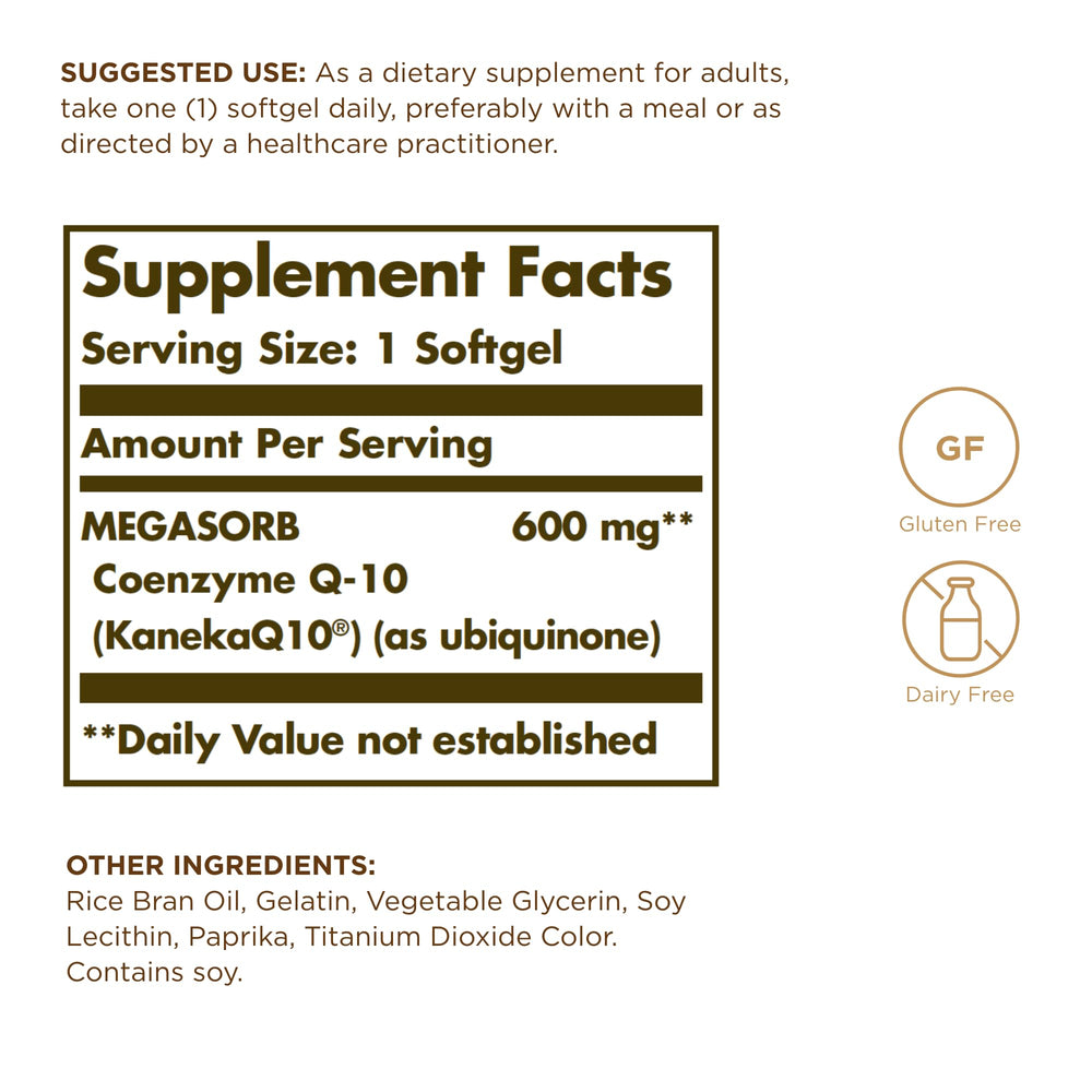 Solgar Megasorb CoQ-10 softgels close-up highlighting oil-based formula for absorption