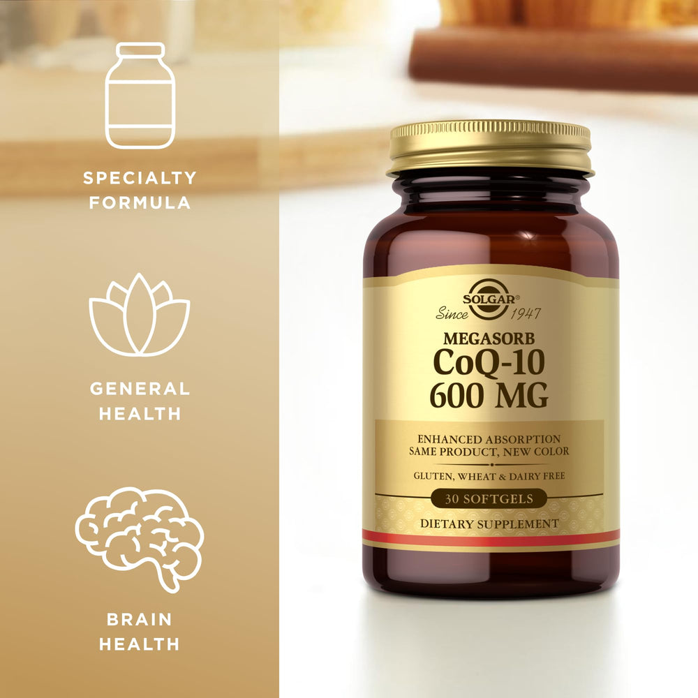 Solgar Megasorb CoQ-10 600 mg softgels pack showing three bottles for consistent intake