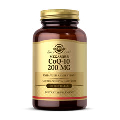 Solgar Megasorb CoQ-10 200 mg bottle with softgels for heart and brain support