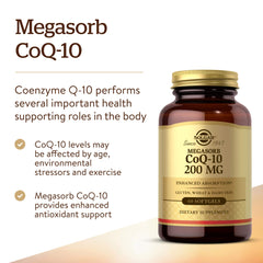 Solgar Megasorb CoQ-10 amber bottle showing oil-based formulation for better absorption