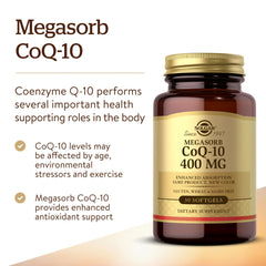 Solgar Megasorb CoQ-10 label shows 400 mg dose for daily use.