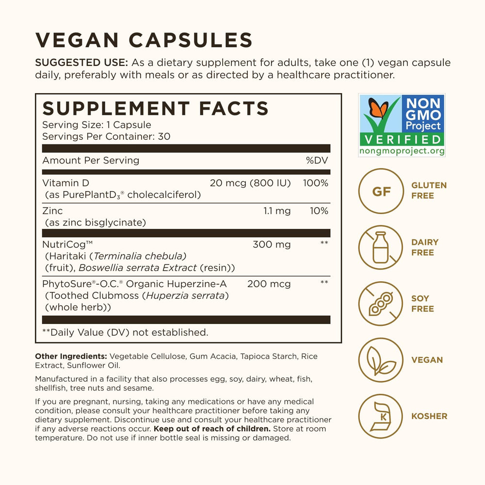 Solgar Memory Support bottle label close-up highlighting key ingredients.