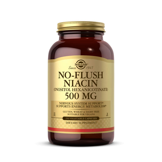 Solgar No-Flush Niacin 500 mg bottle front view showing no-flush delivery.