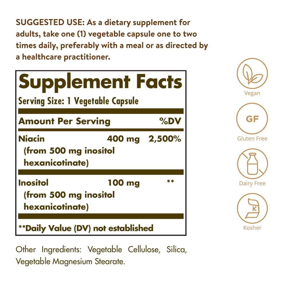 Solgar No-Flush Niacin 500 mg label closeup with niacin per serving details.