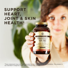 Solgar Omega-3 softgels pour demonstrating convenient daily intake.