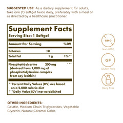 Solgar Phosphatidylserine 200 mg softgels close-up shows natural source for cognitive support