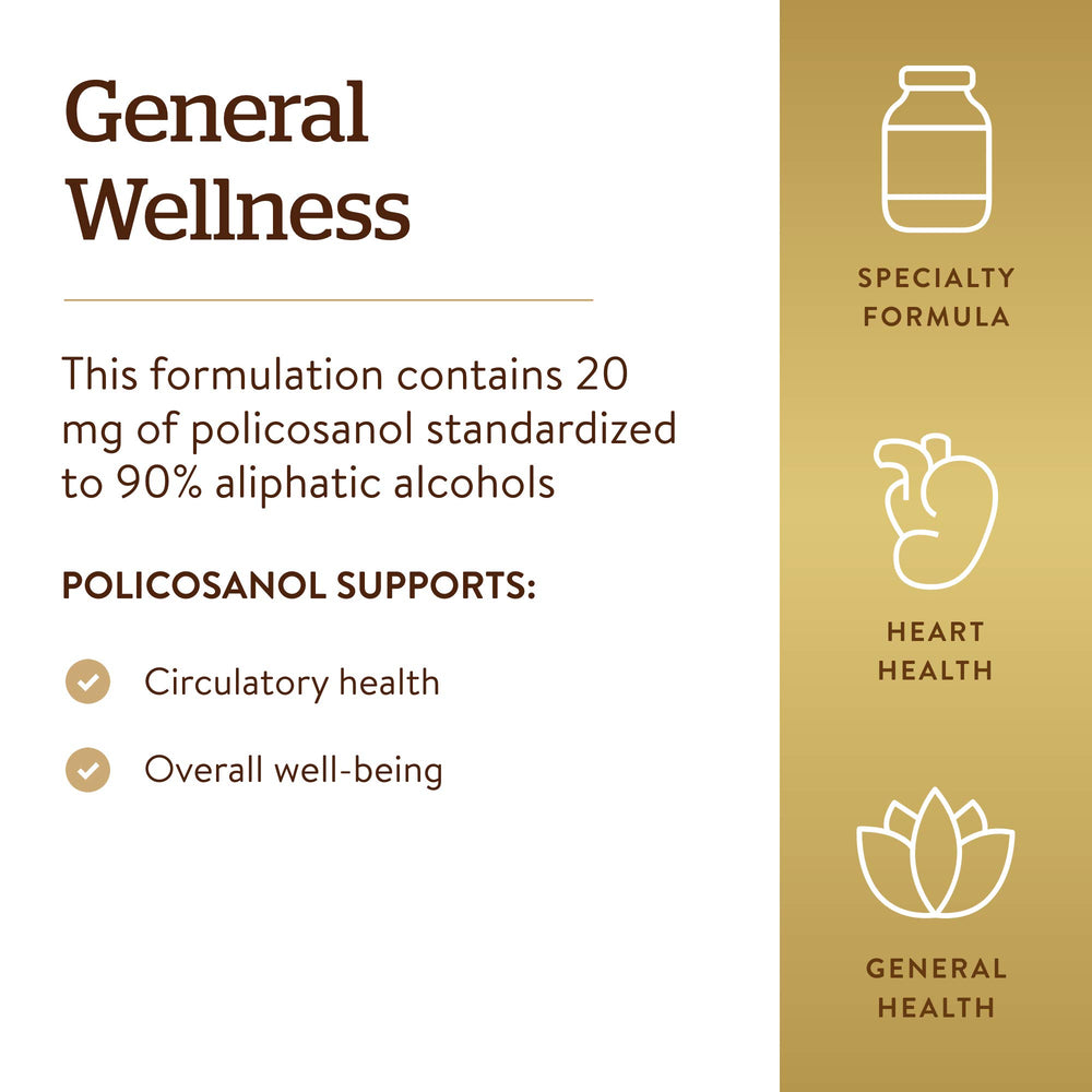 Solgar Policosanol 20 mg packaging on kitchen counter, 100 servings.
