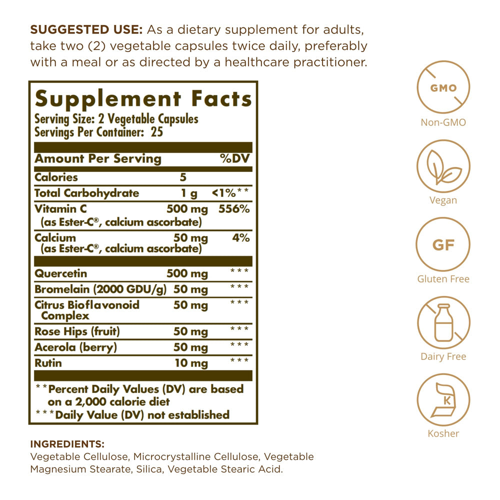 Solgar Quercetin capsules closeup highlighting easy-to-swallow vegan capsules