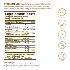 Solgar Quercetin capsules closeup highlighting easy-to-swallow vegan capsules