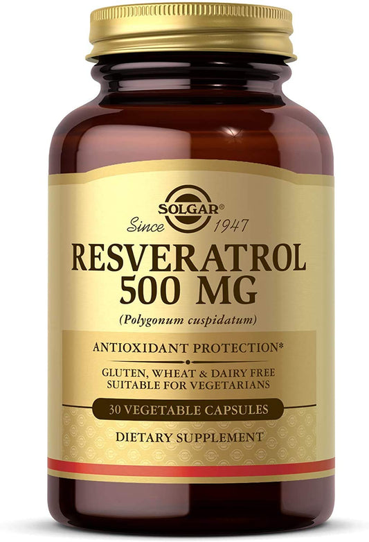Solgar Resveratrol 500 mg bottle with label highlighting antioxidant support.