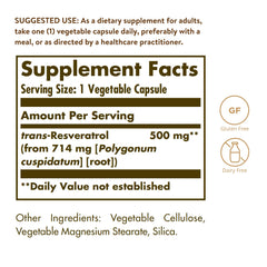 Solgar Resveratrol 500 mg capsules close-up showing vegetarian capsule form for daily wellness.