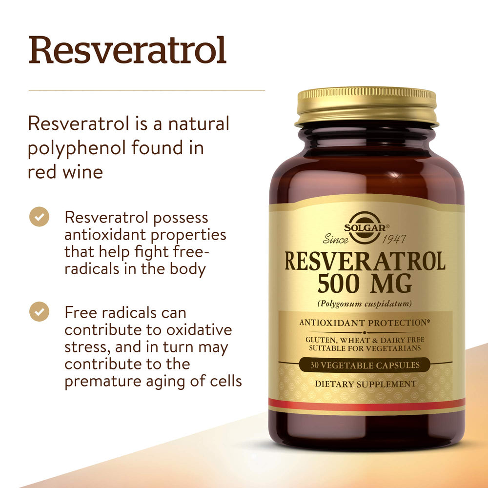 Solgar Resveratrol ingredients panel featuring Polygonum cuspidatum polyphenol content.