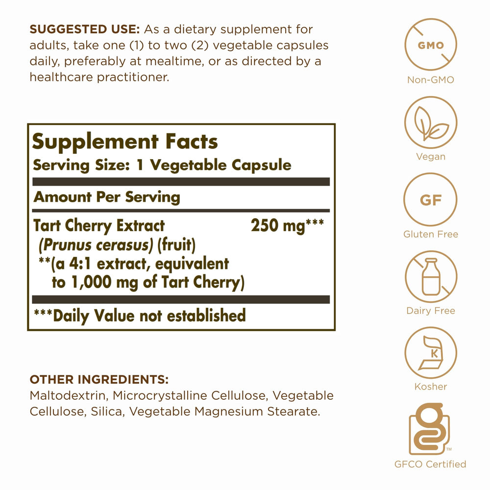 Solgar Tart Cherry capsules inside bottle for daily antioxidant intake