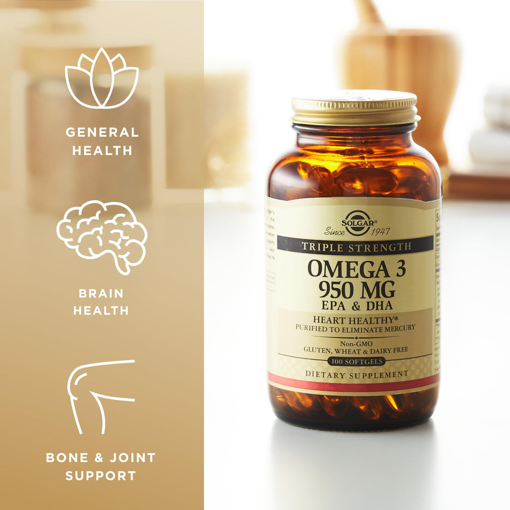 Solgar Triple Strength Omega-3 950 mg packaging for easy daily use.
