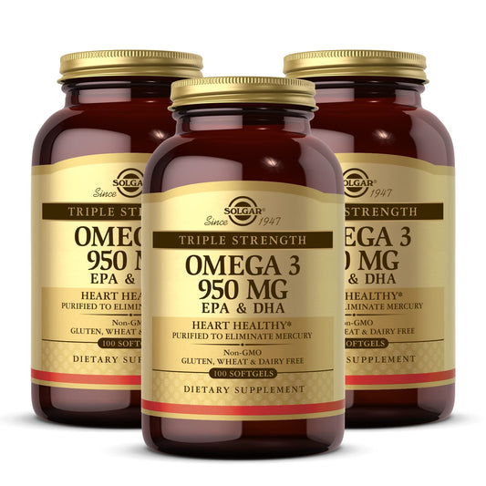 Solgar Triple Strength Omega-3 950 mg softgels bottle, supports joint comfort and skin health