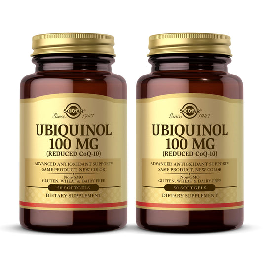 Solgar Ubiquinol 100 mg bottle label highlights reduced CoQ-10 for antioxidant support.