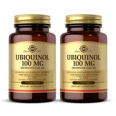 Solgar Ubiquinol 100 mg bottle label highlights reduced CoQ-10 for antioxidant support.
