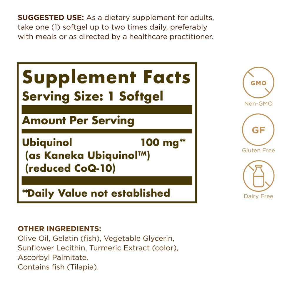 Solgar ubiquinol softgels closeup showing easy-to-swallow oil-based capsules.
