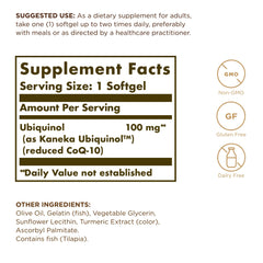 Solgar ubiquinol softgels closeup showing easy-to-swallow oil-based capsules.