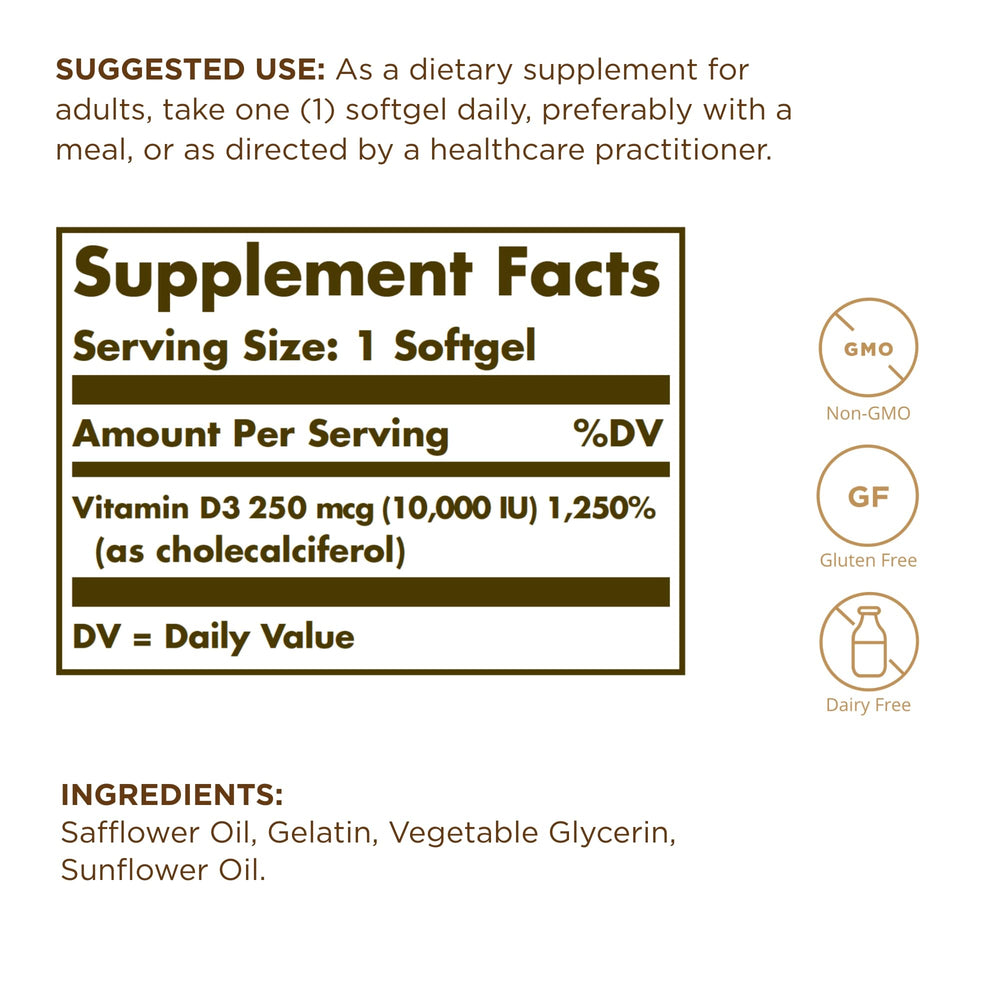 Solgar Vitamin D3 softgels closeup showing oil-based formulation for absorption