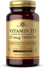 Solgar Vitamin D3 bottle front view showing 5000 IU dosage for bone support.