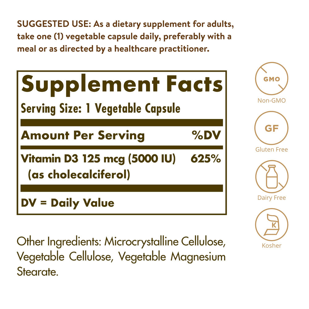 Solgar Vitamin D3 capsules close-up highlighting easy-to-swallow softgels.