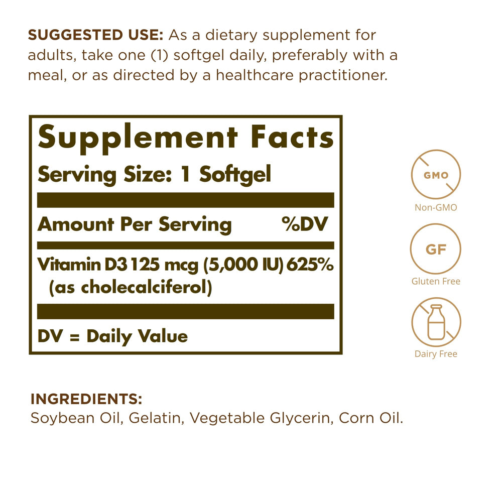 Solgar Vitamin D3 bottle back label details showing 400 IU per softgel