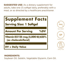 Solgar Vitamin D3 bottle back label details showing 400 IU per softgel