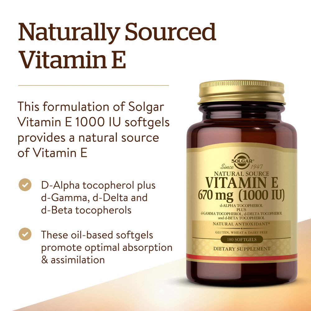 Solgar Vitamin E 1000 IU packaging highlights gluten-free and dairy-free formulation