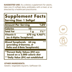 Solgar Vitamin E 670 mg capsules closeup highlights oil-based softgels for absorption