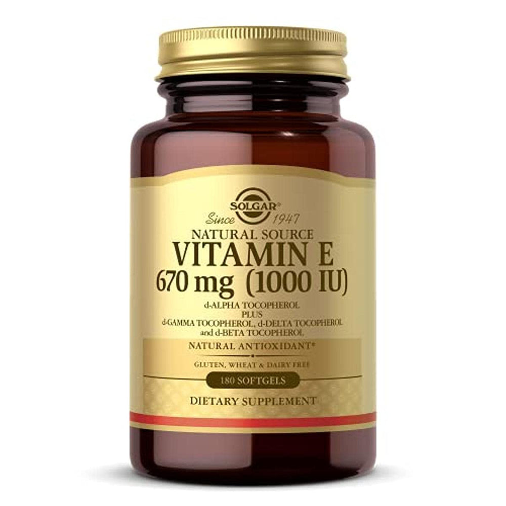 Solgar Vitamin E 670 mg softgels bottle on shelf supports skin and immune health