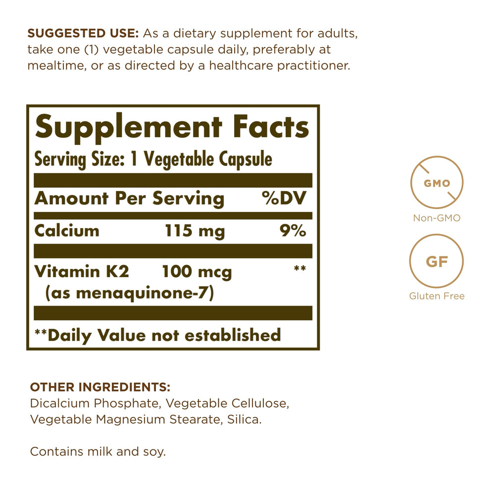 Solgar Vitamin K2 MK-7 capsules close-up for easy daily use.
