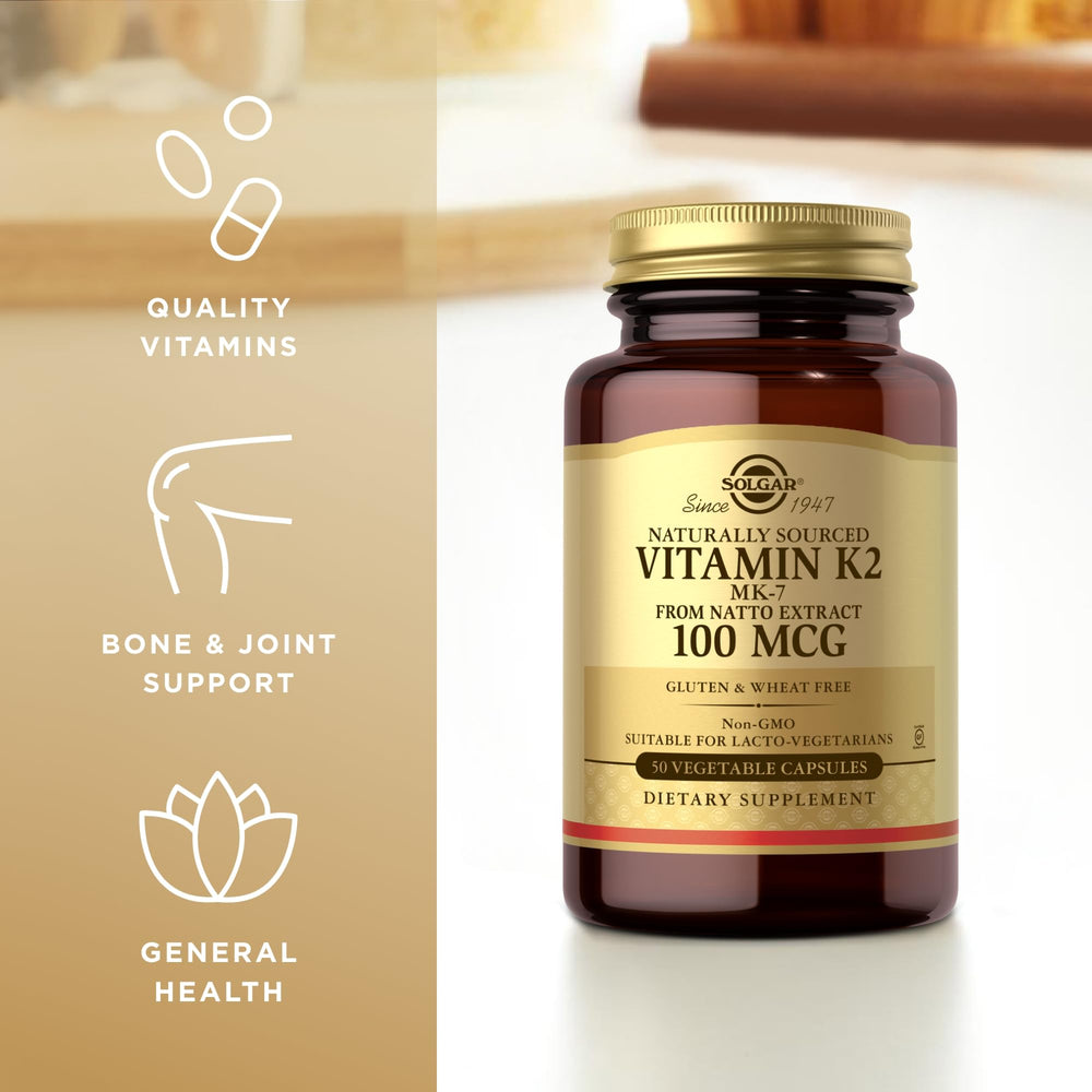 Solgar Vitamin K2 MK-7 gluten-free packaging emphasizes purity.