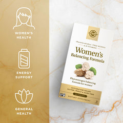 Solgar Women’s Balancing Formula vegan and gluten-free label for dietary compatibility.