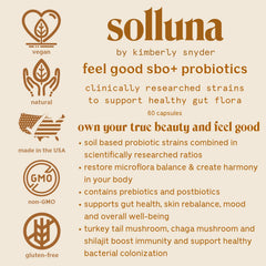 Solluna Feel Good SBO Probiotics label showing vegan, non-GMO formulation