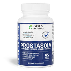 SOLV NATURALS PROSTASOLV bottle on counter promoting pelvic comfort.