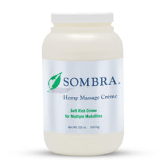 Sombra Hemp Massage Crème bottle close-up for soothing sore muscles.