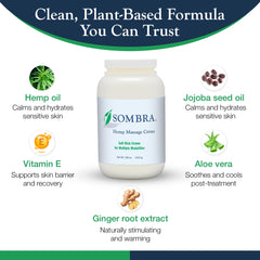 Sombra Hemp Massage Crème ingredients label emphasizes hemp extract and nourishing oils.