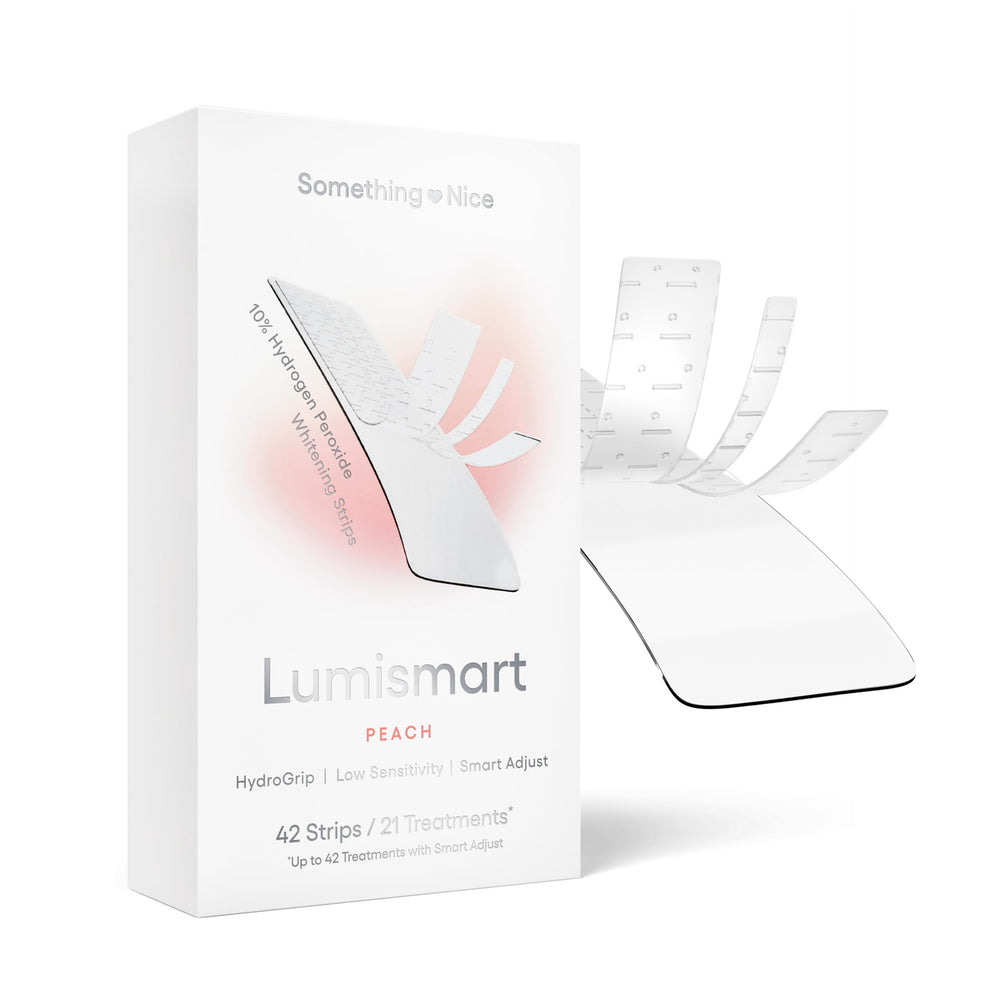 Something Nice Lumismart whitening strips packaging shows enamel-safe, dentist-designed whitening.