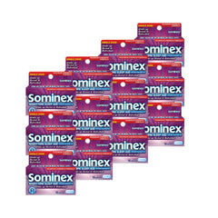 Sominex bottle on nightstand supports a peaceful bedtime.
