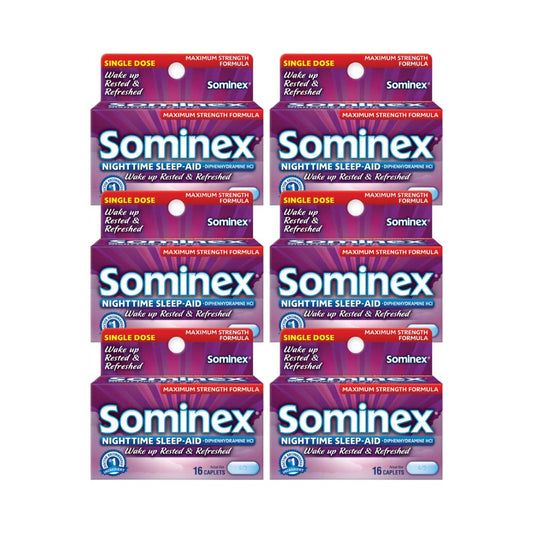 Sominex night-time sleep-aid caplets bottle promotes restful nights without caffeine.