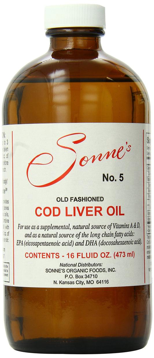 Sonne's Old Fashioned Cod Liver Oil No. 5 bottle shows natural vitamins A and D for daily nutrition.