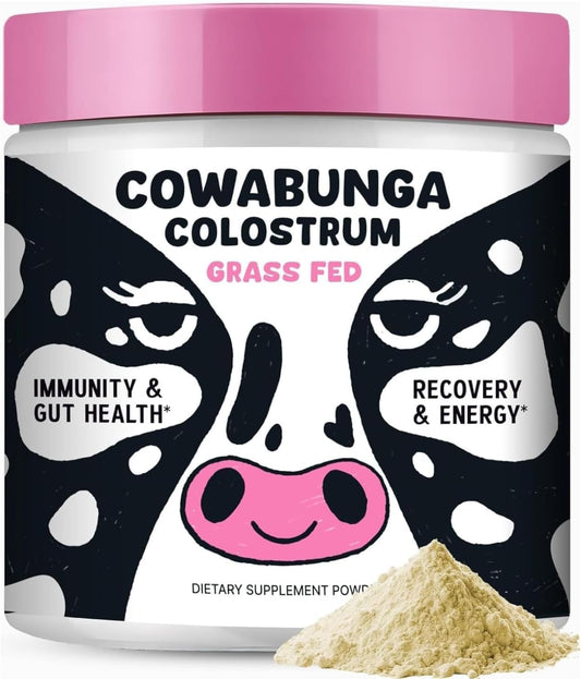 SonoHealth Cowabunga Colostrum tub front showcasing premium packaging and purity for daily immune support