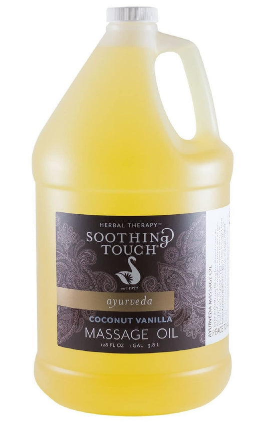 Soothing Touch coconut vanilla massage oil bottle pour provides a smooth glide for spa-quality sessions.