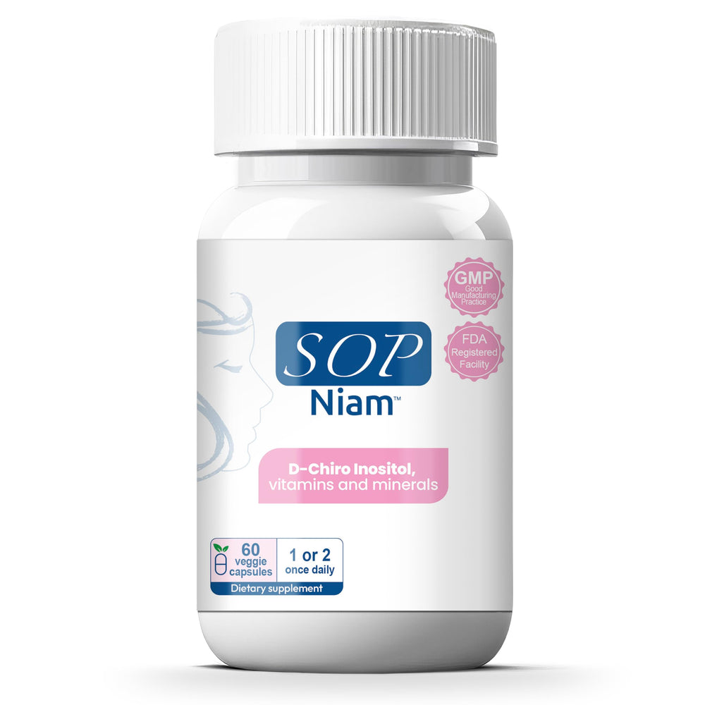 SOP NIAM bottle front highlighting PCOS support formula for balance
