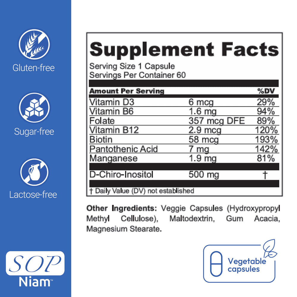 SOP NIAM label close-up showing D3, B6 and B12 vitamins