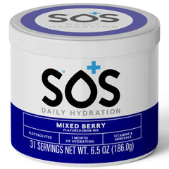 SOS Hydration mixed berry electrolyte powder in a jar supports quick rehydration after workouts